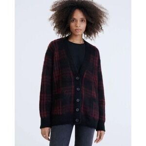 RE/DONE 90s Oversized Button Front Cardigan Sweater Black Burgundy Plaid Size M